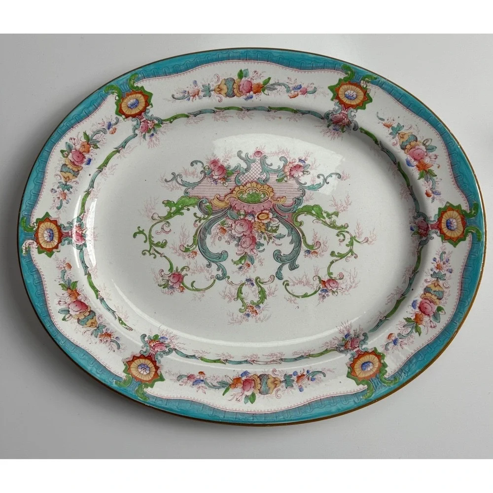 Antique Cauldon England Oval Platter Floral Turquoise Blue Gold Trim 15 Inch